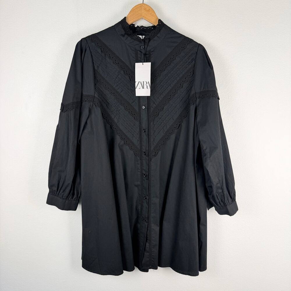 Zara Black Long Puff Sleeve Poplin Button Up Mini Shirt Dress Pintuck Lace LARGE - Picture 4 of 10